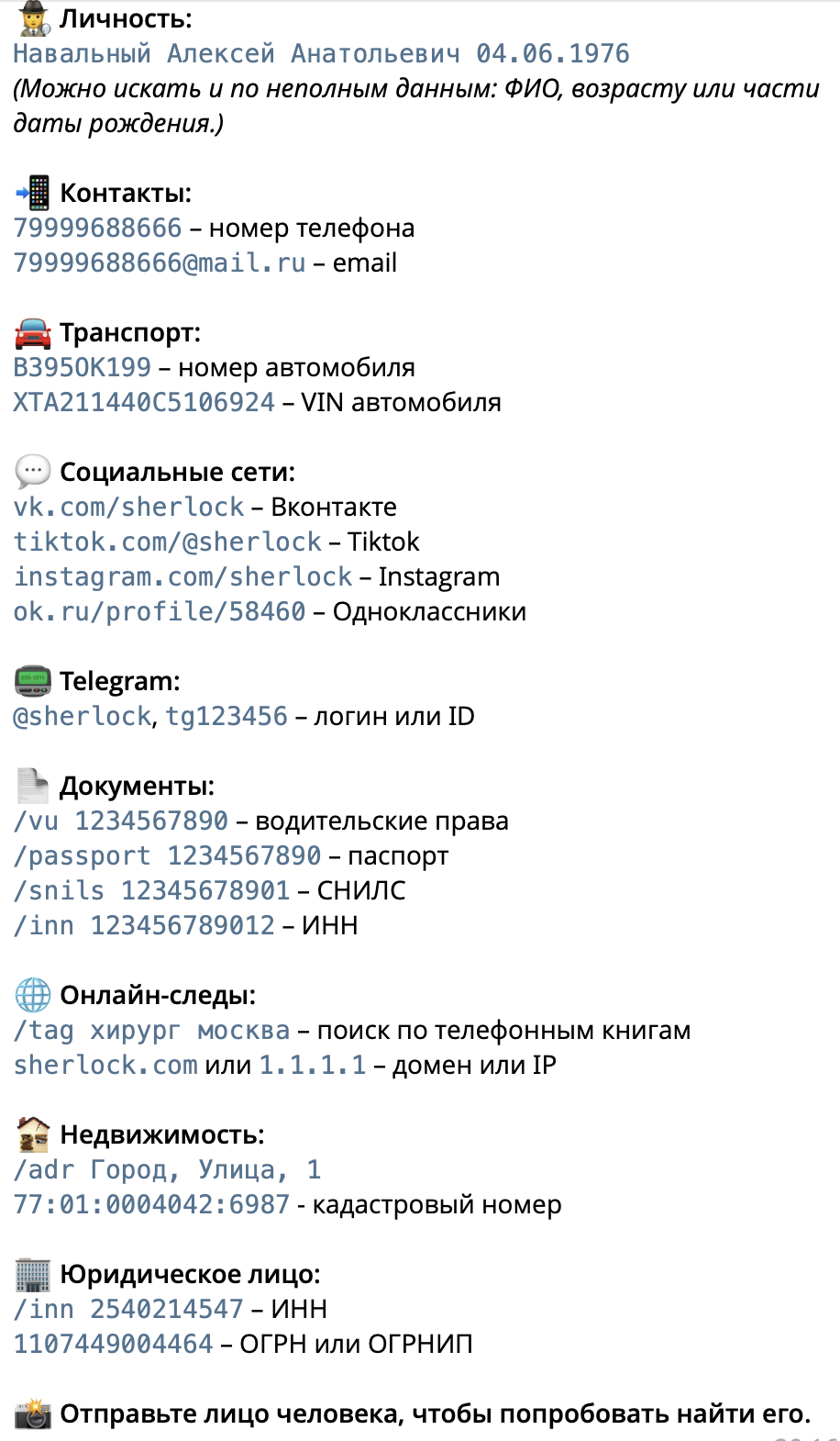Пример категорий и результатов поиска в Шерлоке